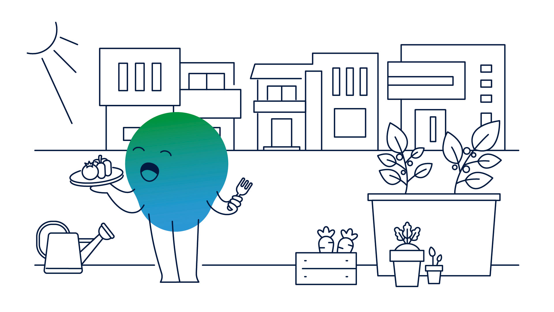 Illustration der Erklärfigur Kalle. Er steht auf dem Balkon, im Hintergrund sind Häuser zu sehen. Auf dem Boden stehen Kübel mit Möhren und Tomaten. Kalle hält eine Gabel in der Hand. Auf einem Teller liegen Tomaten.