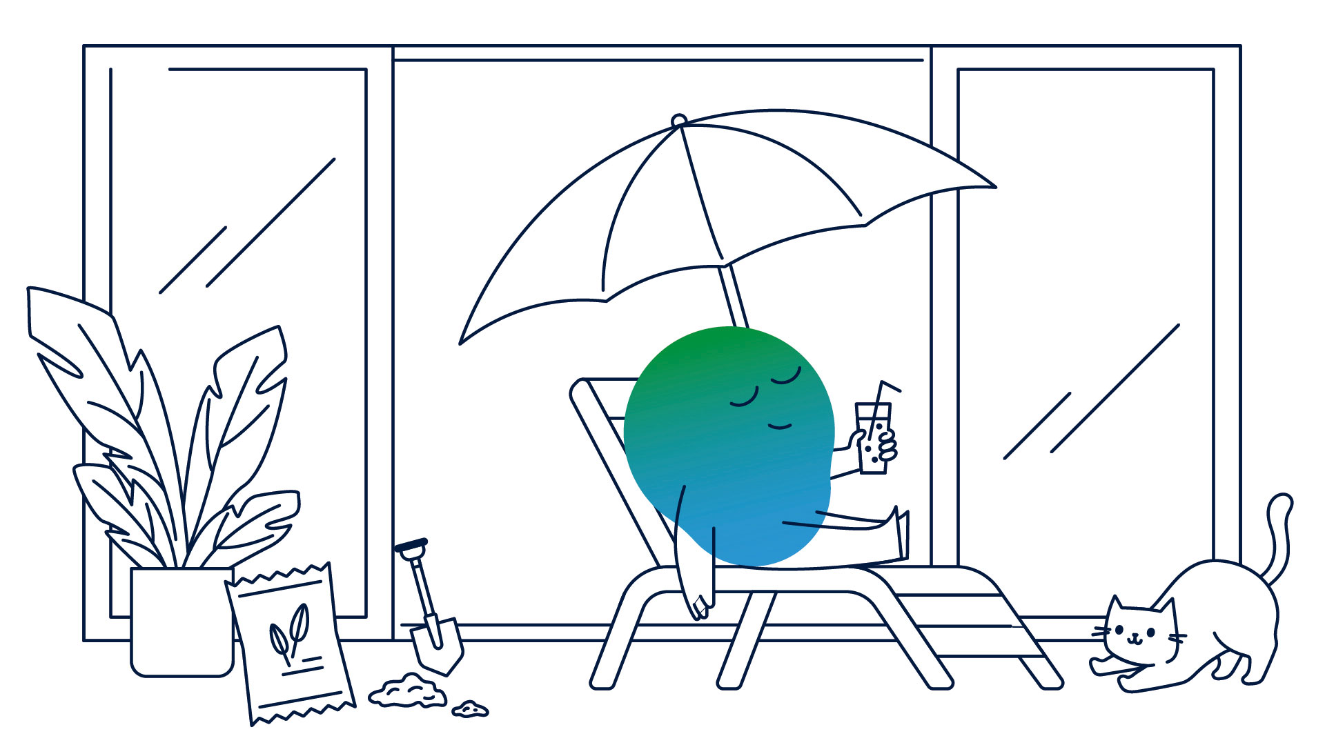Illustration der Erklärfigur Kalle. Kalle liegt auf einem Liegestuhl auf dem Balkon, ein Sonnenschirm ist gespannt, Kalle hat ein Getränk in der Hand.