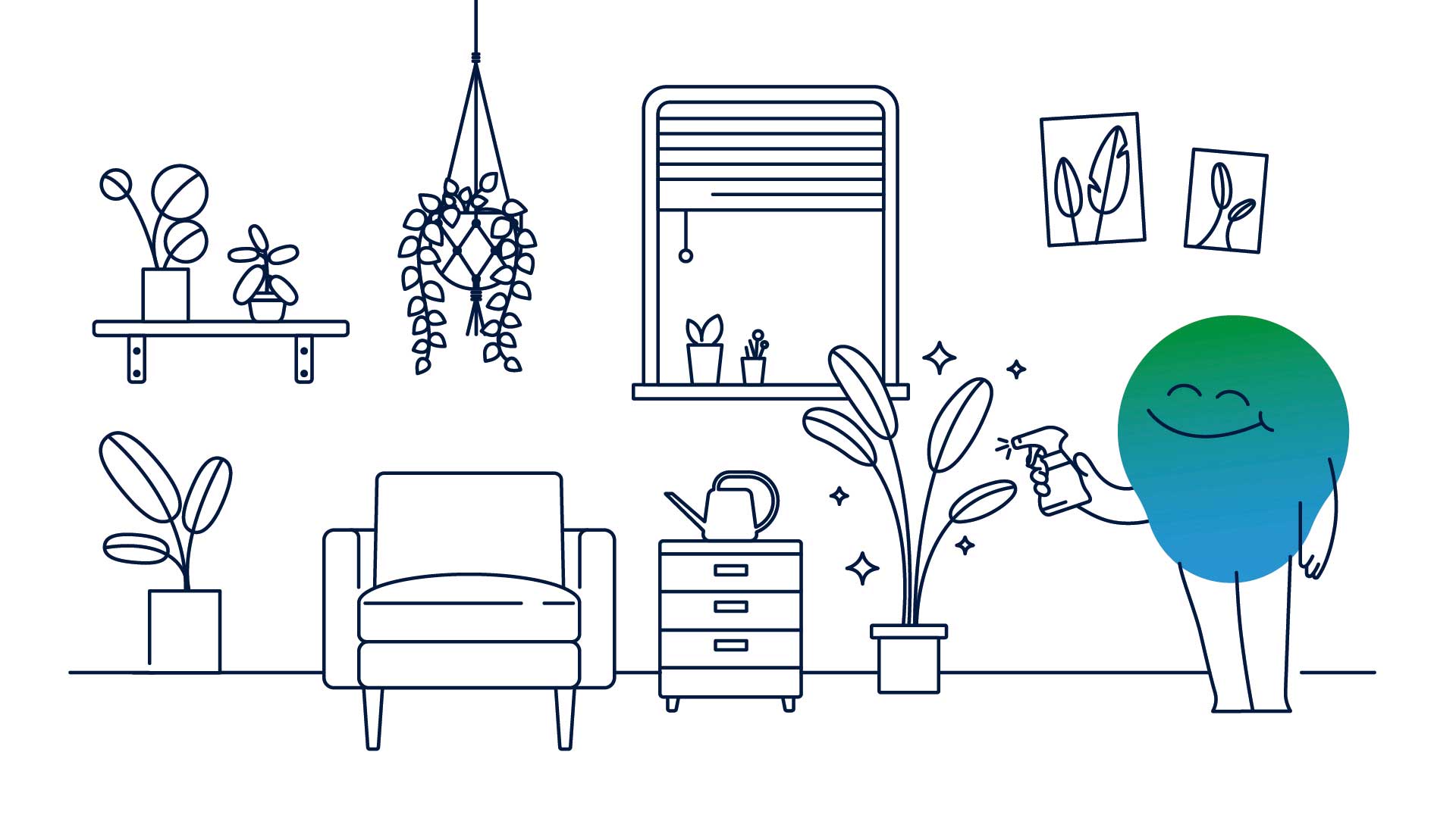 Illustration der Erklärfigur Kalle. Kalle besprüht Pflanzen in seinem Zimmer.