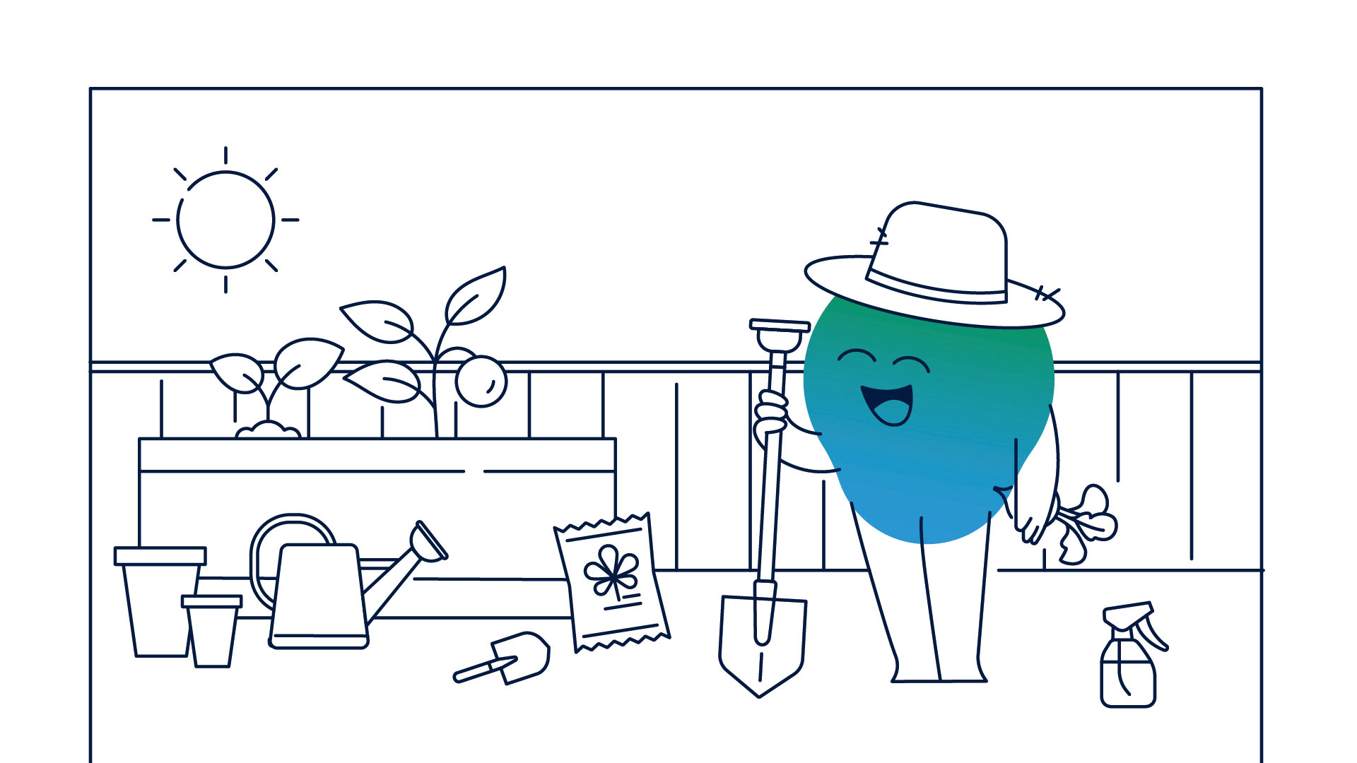 Illustration der Erklärfigur Kalle. Er steht mit Spaten auf dem Balkon. Es sind leere Blumenkästen und Blumenerde zu sehen. Die Sonne scheint. Kalle trägt einen Hut.