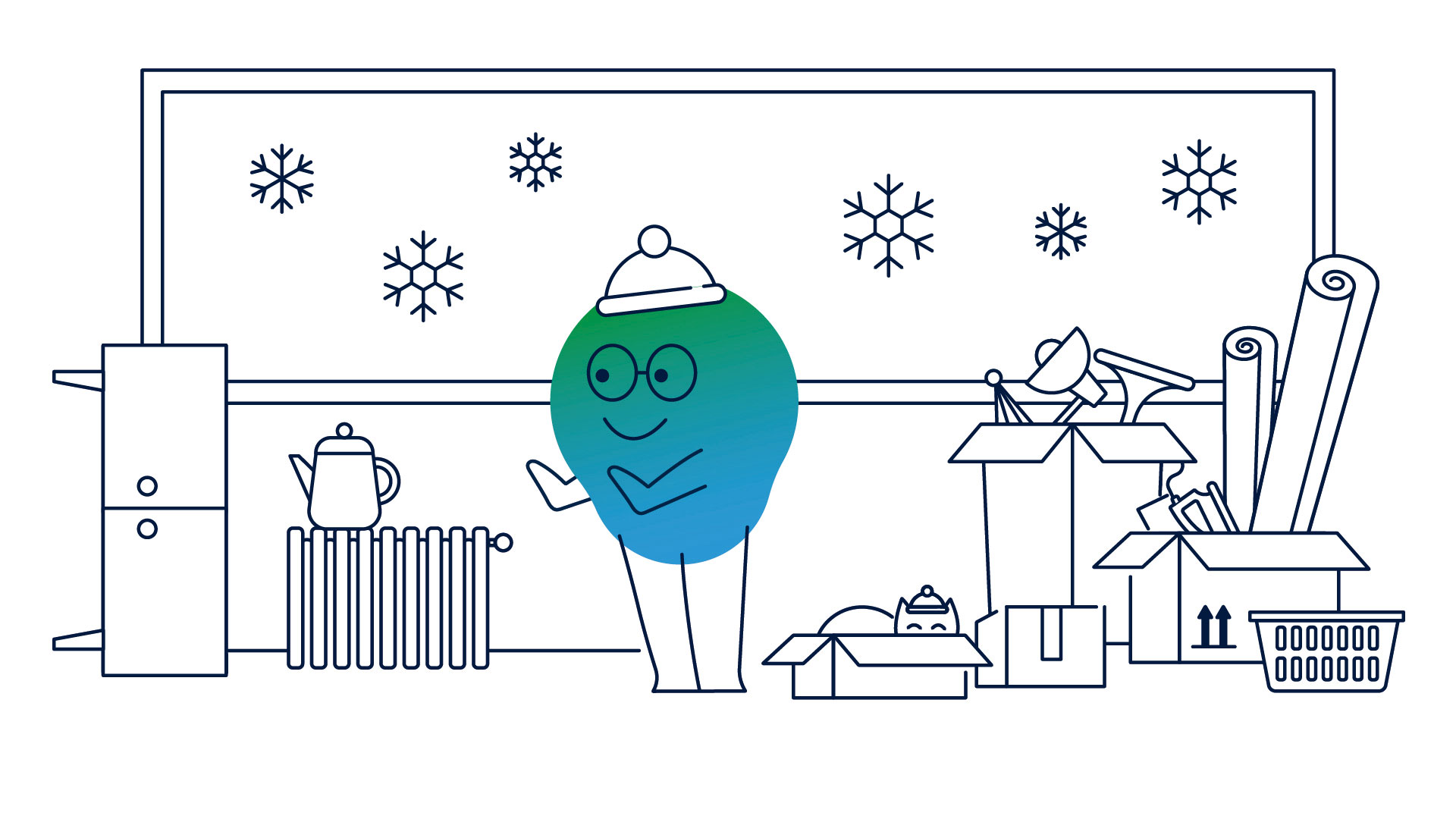 Illustration der Erklärfigur Kalle. Er steht in einem Zimmer, an dem Fenster sind Eisflocken zu sehen. Auf dem Boden stehen Umzugskartons. Auf der Heizung steht eine Kanne Kaffee.