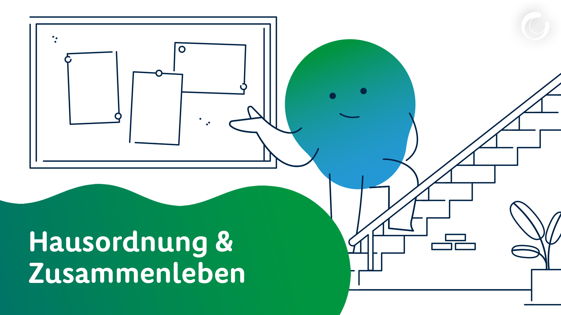 Vorschaubild zum Erklärvideo. Die Erklärfigur Kalle steht im Treppenhaus.