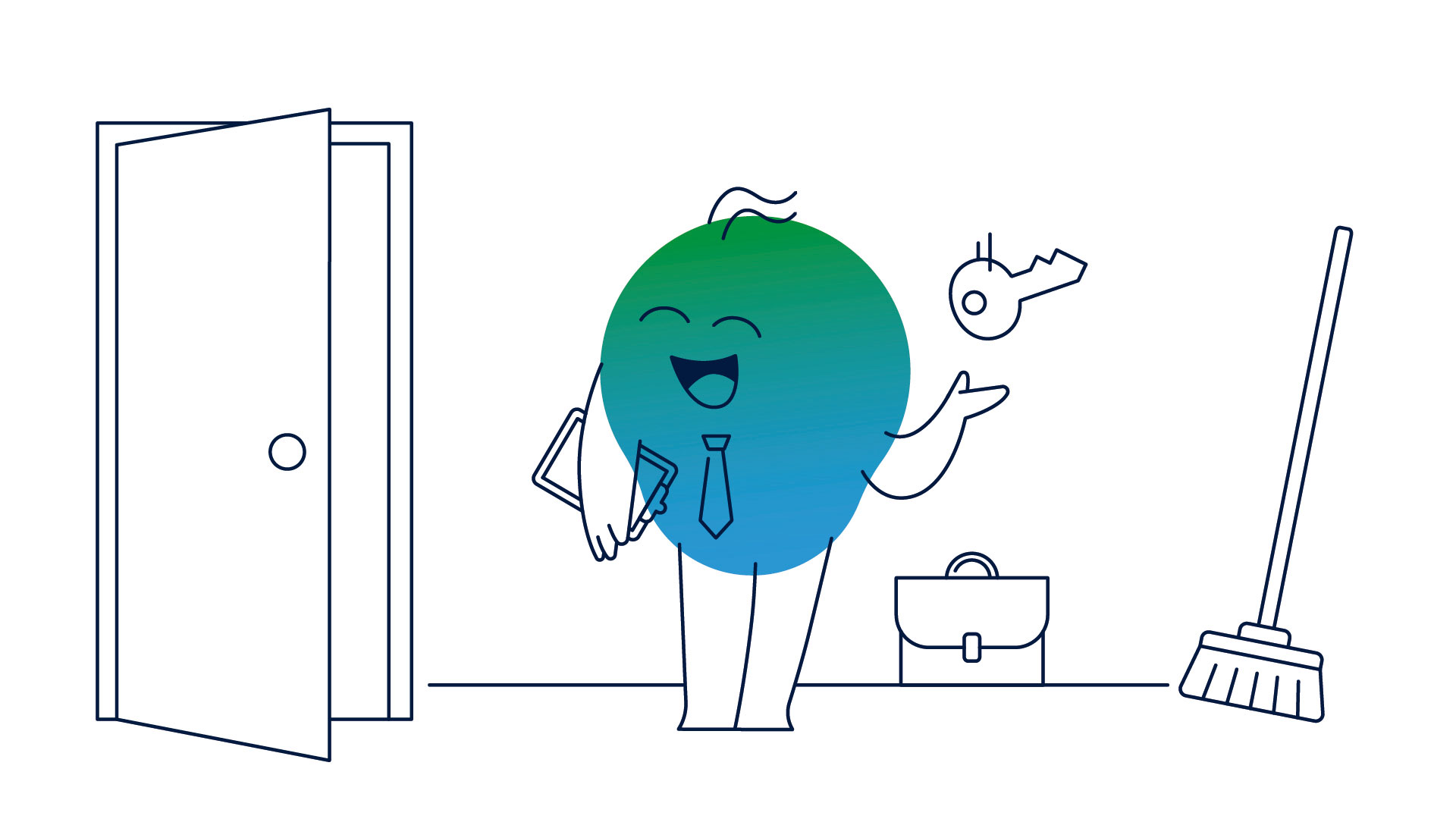 Illustration der Erklärfigur Kalle. Er steht vor einer Wohnungstür, trägt Krawatte, hat ein Klemmbrett in der Hand. Über ihn erscheint ein Schlüssel. Er lacht.