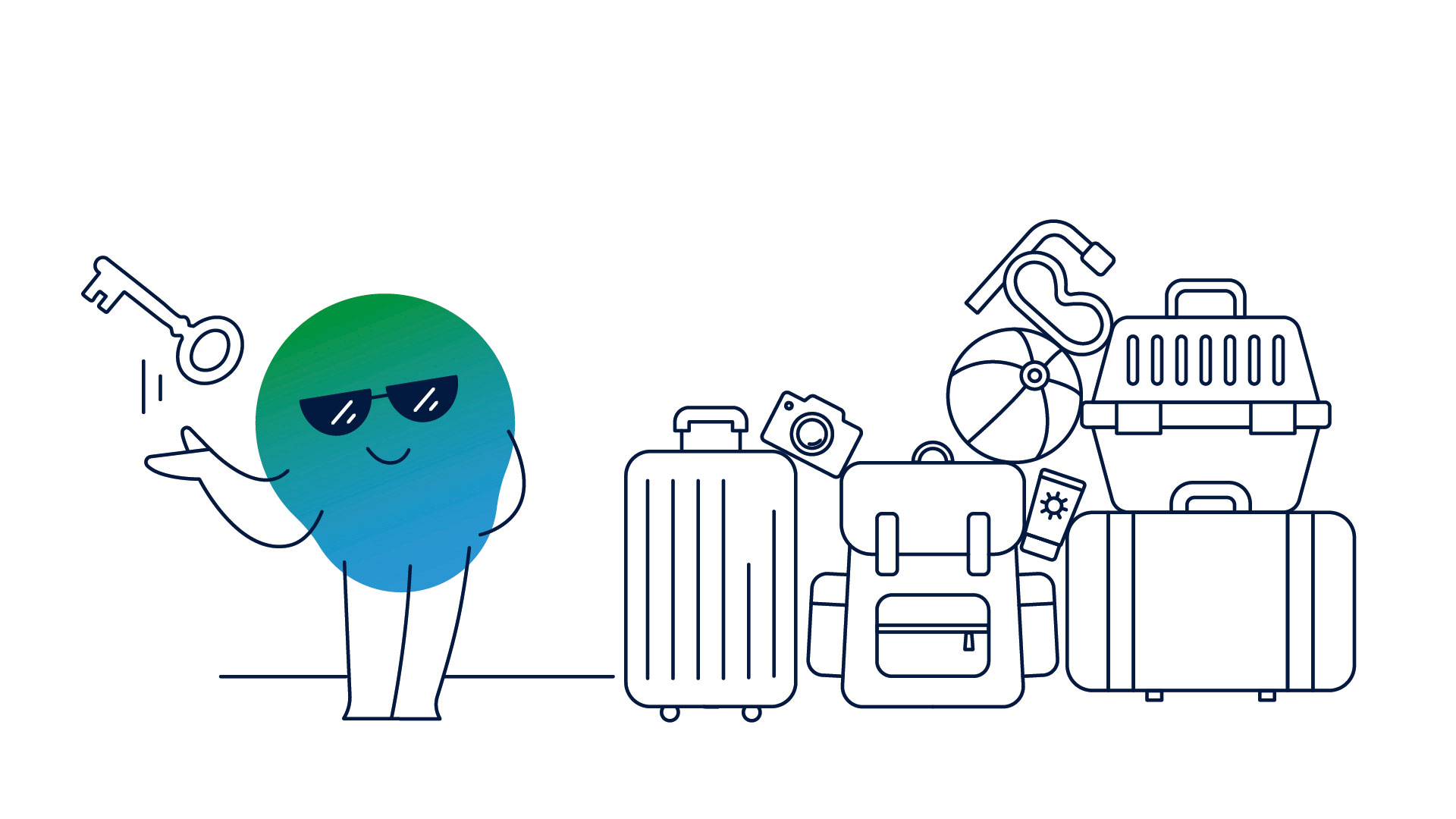 Illustration der Erklärfigur Kalle. Er steht vor vielem Gepäck, trägt Sonnenbrille. Über ihm ist ein Schlüssel eingeblendet.