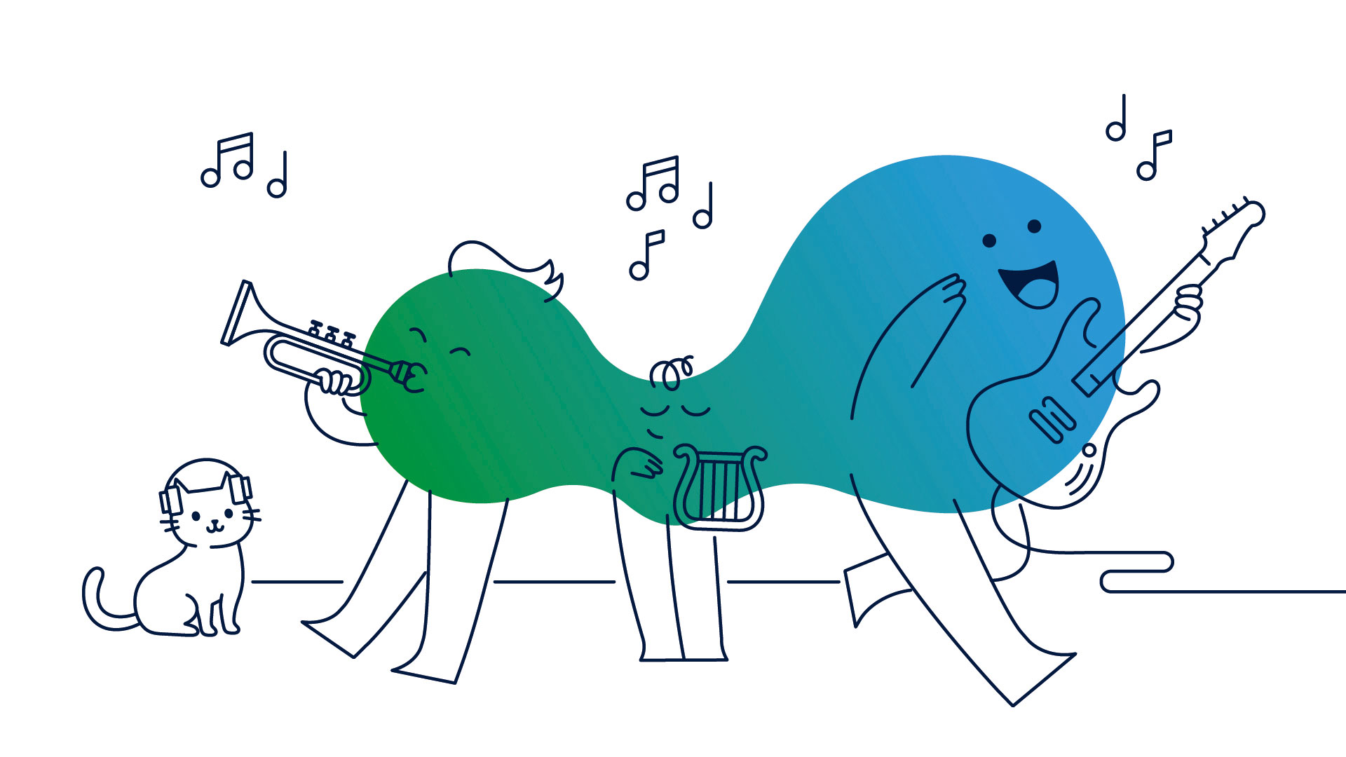 Illustration der Erklärfigur Kalle. Kalle und seine Freunde spielen Instrumente wie Trompete und Gitarre. Die Katze trägt Kopfhörer.