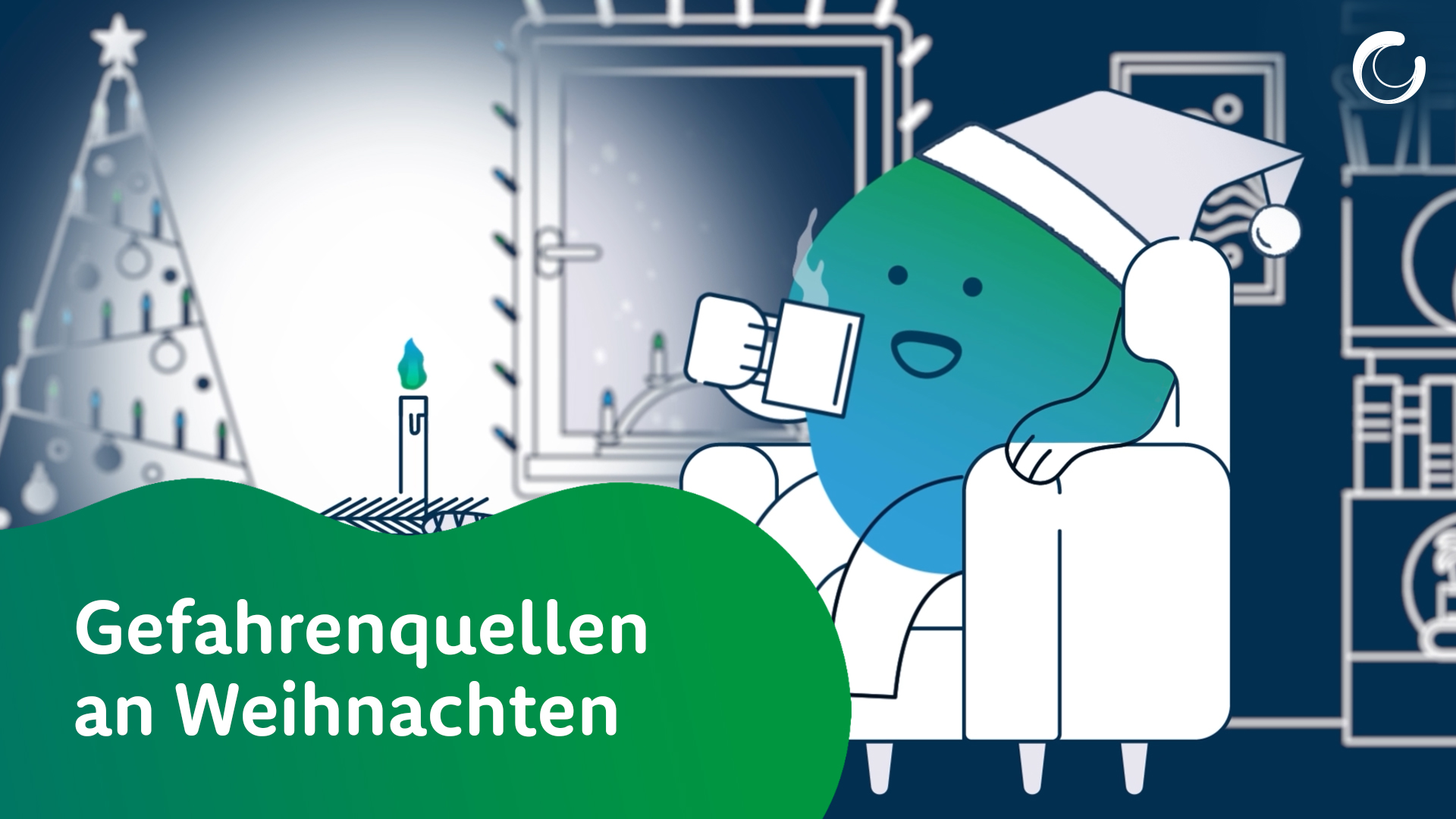 Vorschaubild zum Erklärvideo Gefahrenquellen an Weihnachten. Kalle sitzt im Sessel. 