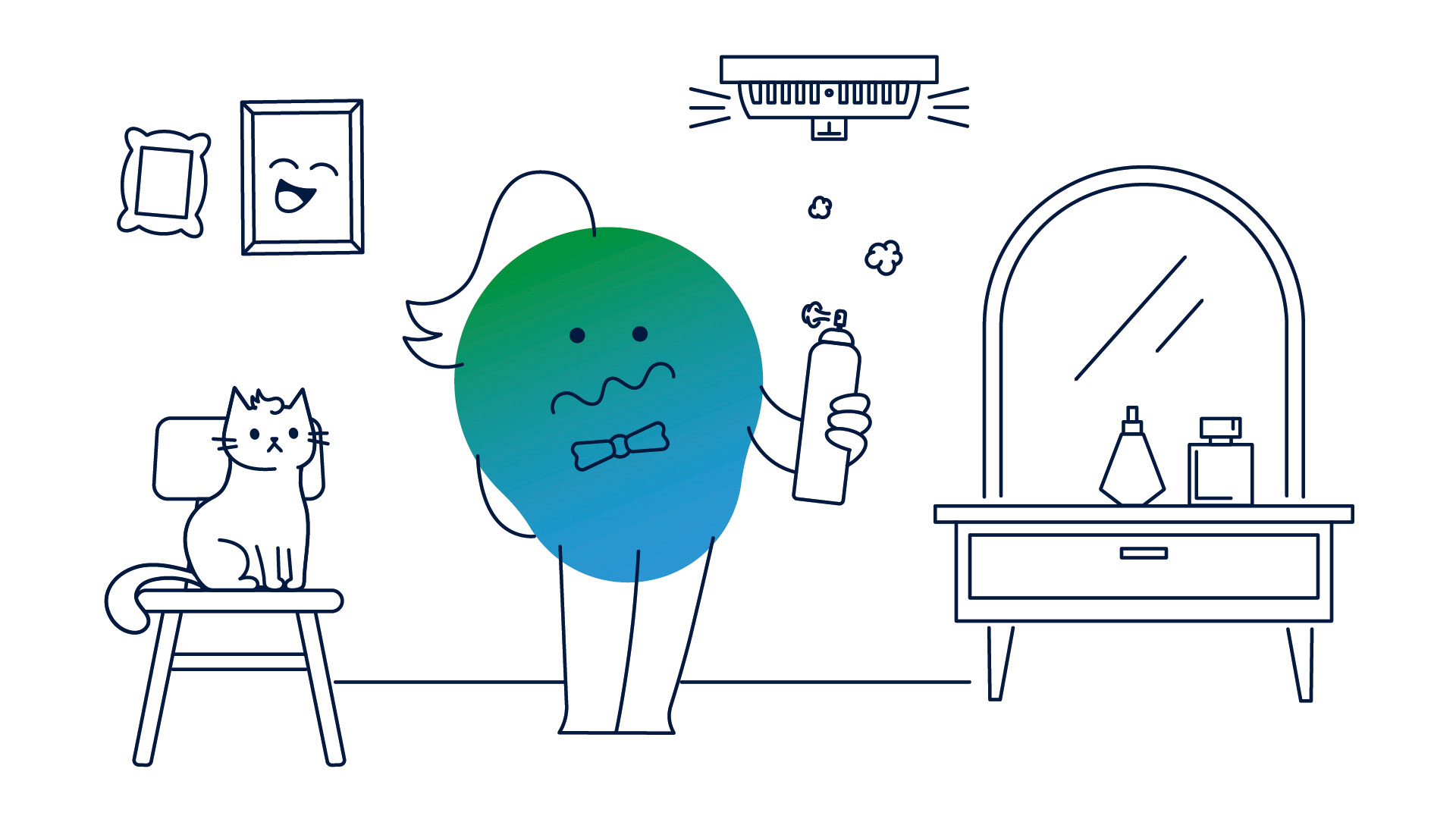 Illustration der Erklärfigur Kalle. Er steht in einem Zimmer, trägt Fliege und hat ein Haarspray in der Hand. Über ihm ist ein Rauchmelder zu sehen, der Alarm schlägt.