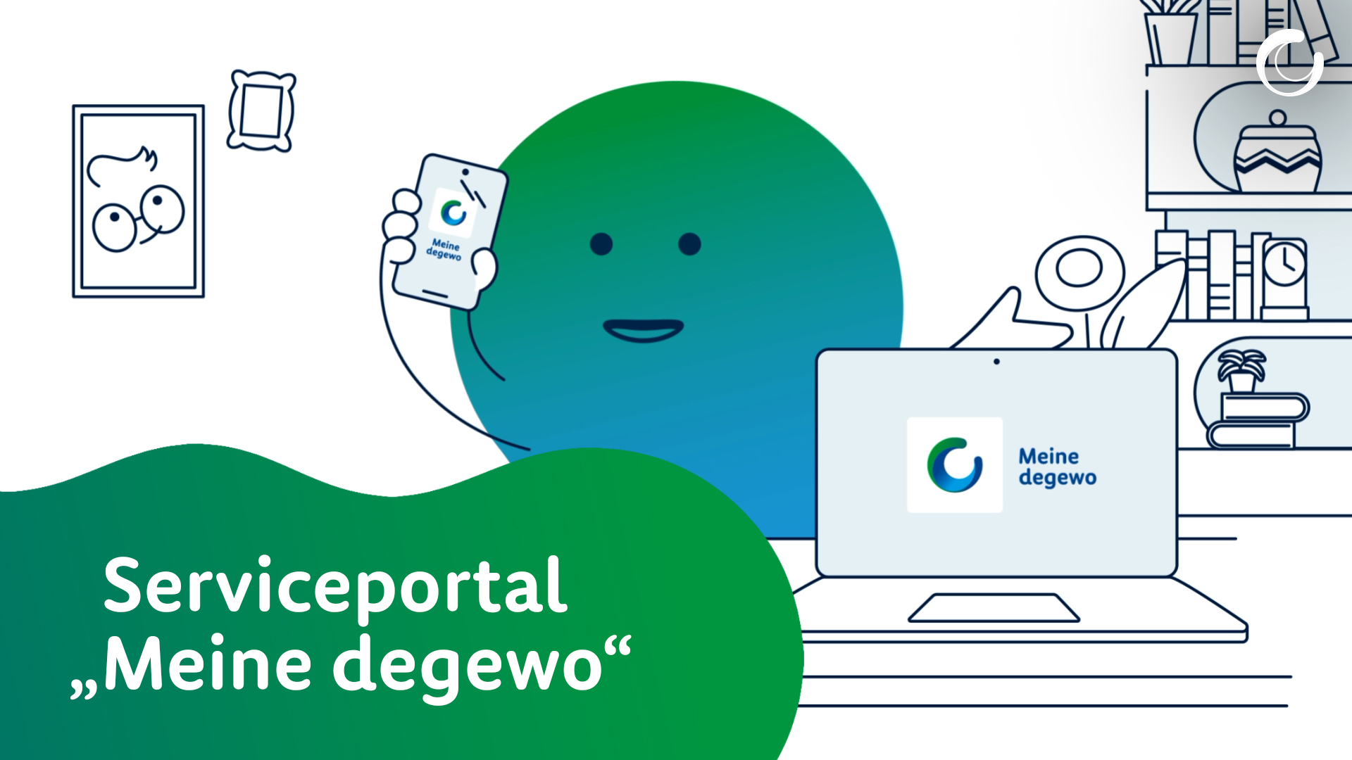 Vorschaubild zum Kalle-Erlärvideo "Serviceportal". Kalle hält ein Handy in der Hand, auf dem Tisch steht ein Laptop. Auf beiden ist das degewo-Logo zu sehen.