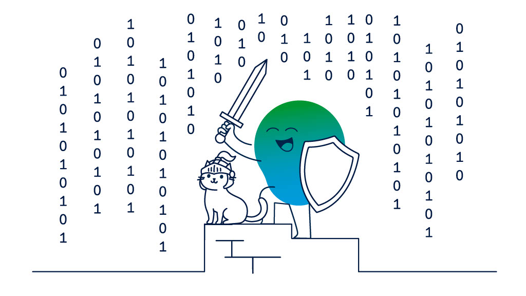 Illustration zum Thema Datenschutz: Eine stilisierte Figur mit Schild und erhobenem Schwert steht auf einem Podest neben einer Katze mit Helm. Im Hintergrund sind zahlreiche Einsen und Nullen als Symbol für digitale Daten dargestellt.