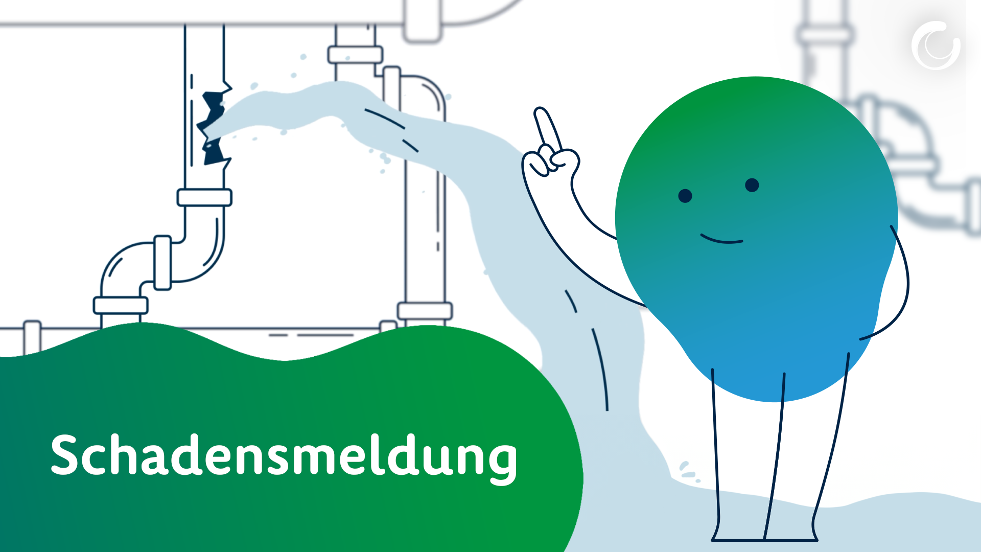 Vorschaubild zum Erklärvideo Schadensmeldung. Kalle steht vor einem geplatzten Rohr.