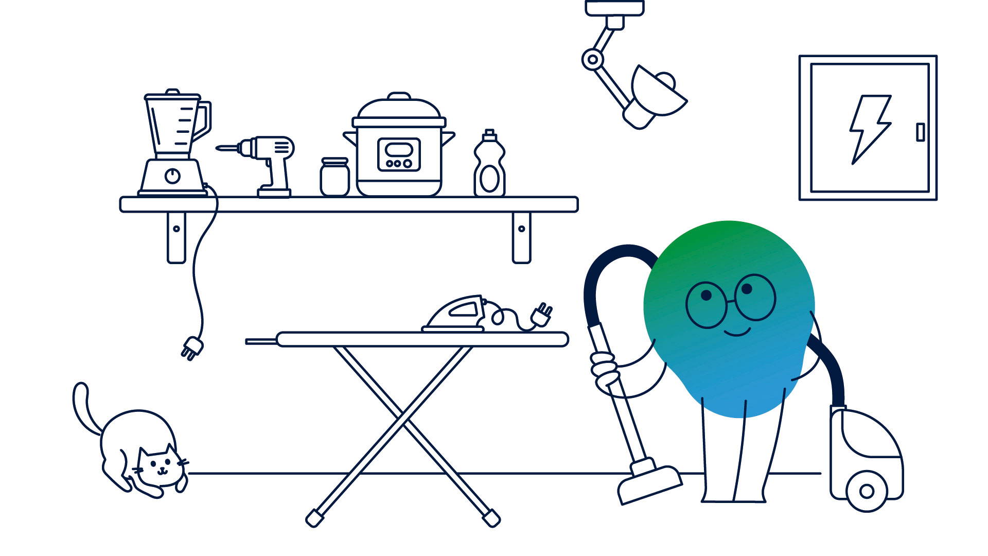 Illustration der Erklärfigur Kalle. Er steht in einem Raum, hat einen Staubsauger in der Hand. Daneben steht ein Bügelbrett mit Bügeleisen. Auf einem Regal stehen Mixer, Bohrmaschine und weitere Geräte. Es ist ein Sicherungskasten zu sehen.