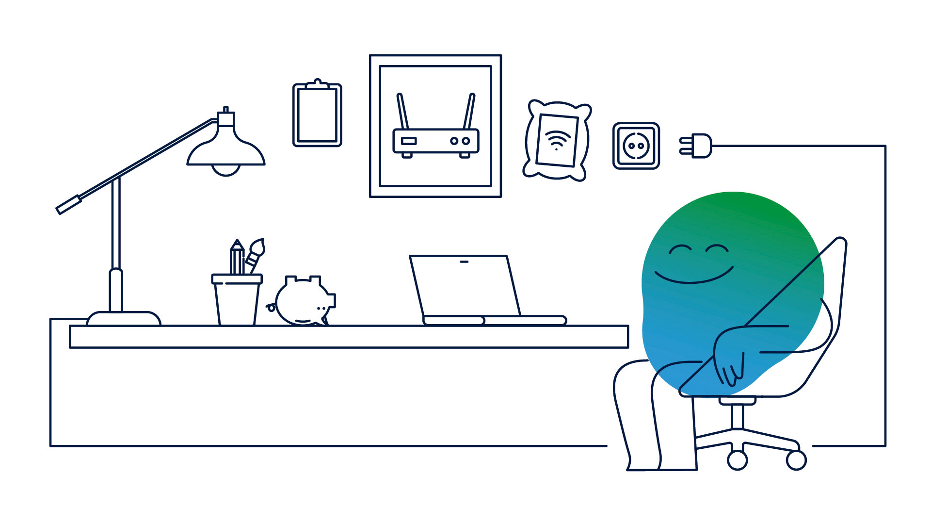 Illustration der Erklärfigur Kalle. Er sitzt an einem Tisch. Darauf stehen Laptop, Lampe und Pflanze. An der Wand hängen Bilder.
