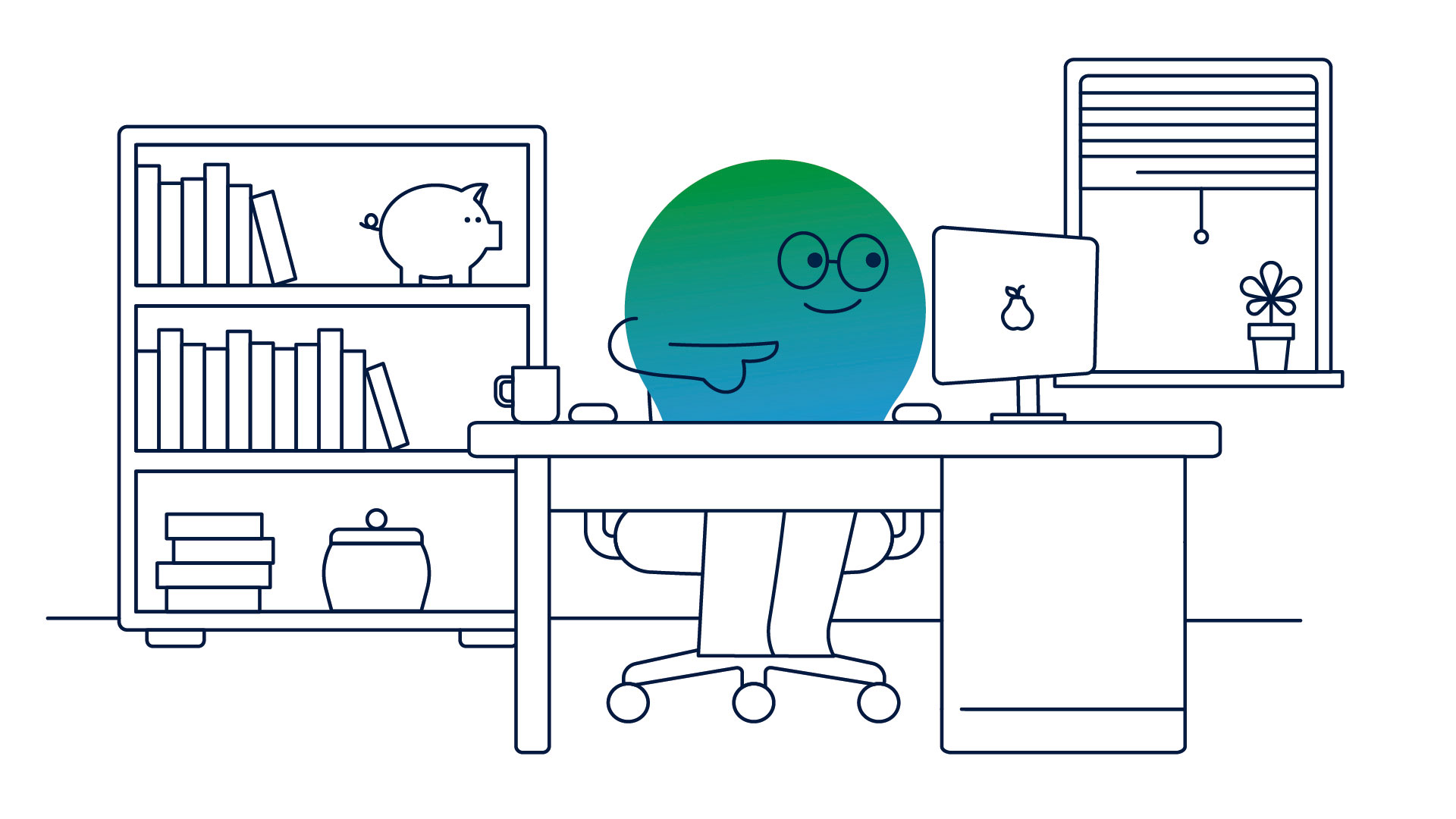 Illustration der Erklärfigur Kalle. Er sitzt an einem Computer, hinter ihm steht ein Regal mit einem Sparschwein. 