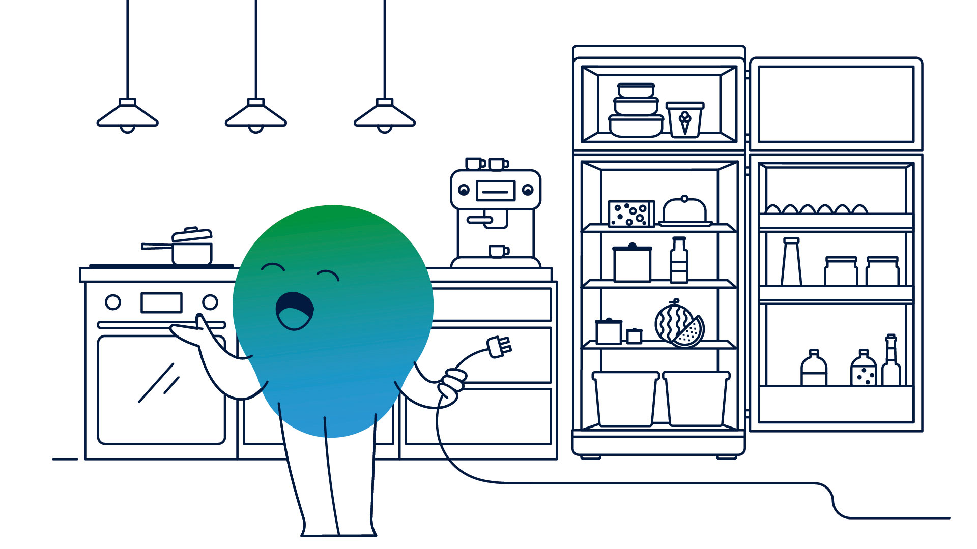 Illustration der Erklärfigur Kalle. Er steht in der Küche und hat ein Kabel in der Hand. Hinter ihm stehen Herd, Kaffeemaschine und Kühlschrank. Letzterer ist offen. 