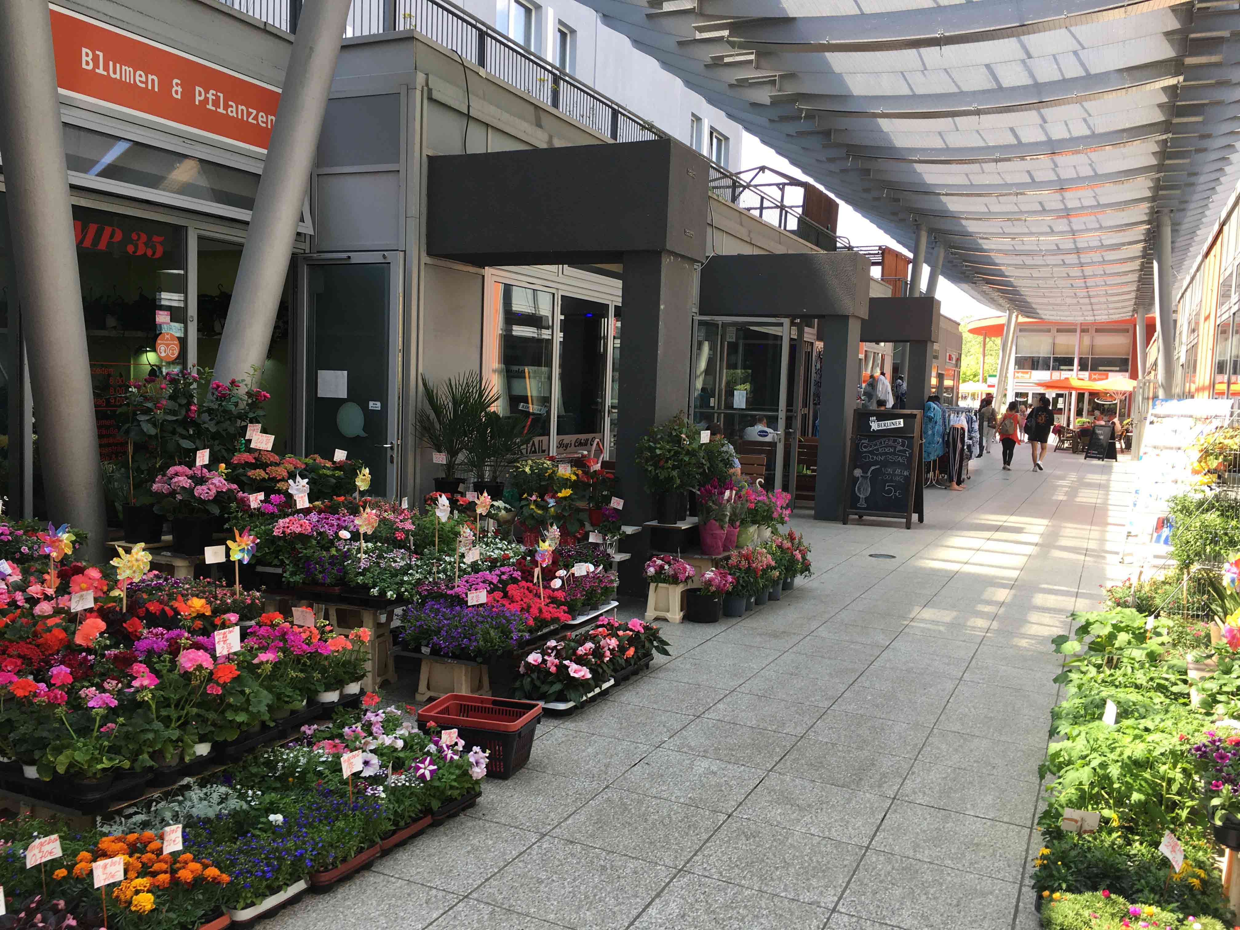 Weg zwischen Geschäften mit vielen Blumen am Rand